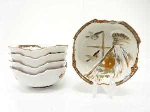 九谷焼　金彩色絵　雪中雀に牡丹　小鉢　5客揃